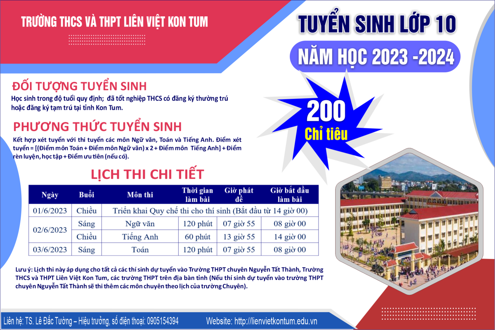 THÔNG BÁO  VỀ VIỆC TUYỂN SINH VÀO LỚP 10 TRƯỜNG THCS VÀ THPT  LIÊN VIỆT  KON TUM NĂM HỌC 2023 – 2024